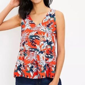 LOFT SIZE LP LARGE PETITE ORANGE RED BOTANICAL V NECK SLEEVELESS PEPLUM TOP